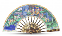 637.  Abanico "mil caras" con país pintado, marfil aplicado y pintado y tela aplicada, los padrones de madera lacada y dorada.Trabajo cantonés para la exportación, h. 1840-1860.