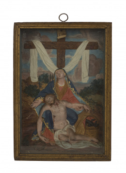 1155.  Calvario en barro policromado, con caja de madera y cristal.Trabajo portugués, S. XVIII.