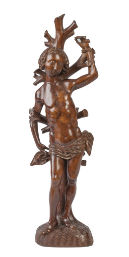 841.  San Sebastián en madera tallada.Trabajo alemán, S. XX.Siguiendo modelos del S. XVI.