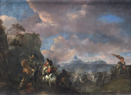 296.  SEGUIDOR DE HENDRIK VERSCHURING (Escuela holandesa, finales del siglo XVII) Escena de batalla, posiblemente cerca de la ciudad de Gorinchem en Holanda.