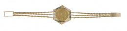 208.  Pulsera con centro de moneda de una libra Eduardo VII de Inglaterra, en marco hexagonar decorado con brillantes y esmeraldas