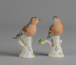 1074.  Pareja de pájaros encaramados a una rama en porcelana esmaltada.Meissen, S. XX