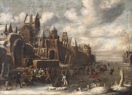 774.  THOMAS HEEREMAS (Haarlem 1641-1702)Escena en un río helado delante de una ciudad1698