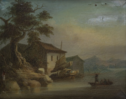 845.  LAM QUA (1825-1860)Paisaje de la costa china con sampanes y tanka a orillas de un río y paisaje de la costa china con sampanes y tanka a orillas de un río
