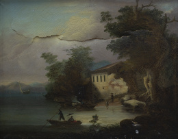 847.  LAM QUA (1825-1860)Paisaje de la costa china con sampanes y tanka a orillas de un ríoSE UNE A LA PIEZA 7347-8