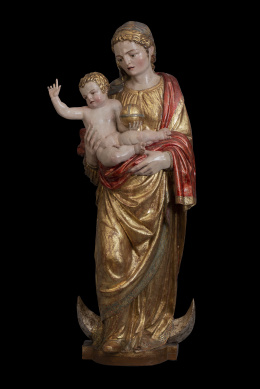1036.  Arnao de Bruselas (c. 1515 - c. 1565)"Virgen con el niño"Escultura en madera tallada, policromada y dorada