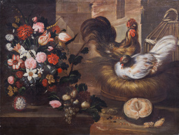 700.  MIGUEL MARCH (Valencia, c. 1633- 1670)Bodegón de frutas, flores y una paloma y bodegón con gallinas flores y frutas