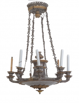 798.  Lámpara de estilo imperio de bronce patinado y dorado.Trabajo francés, primer cuarto del S. XIX