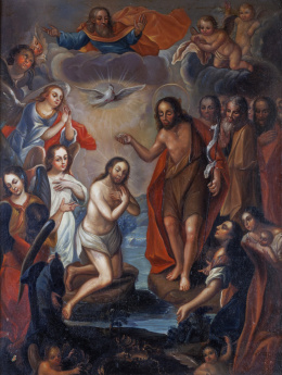 739.  ATRIBUIDO A JOSÉ JOAQUÍN MAGÓN (Puebla, segunda mitad del siglo XVIII)El bautismo de Cristo