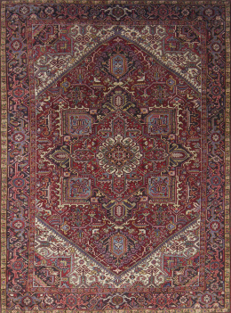 1024.  Alfombra en lana con fondo rojo con cartela  y flores.Persia.