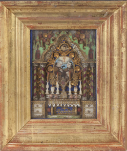 433.  Relicario conventual, simulando un altar, alberga miniatura con San Francisco de Asís.Filacterias, papel dorado y pintado.Trabajo español, S. XIX.