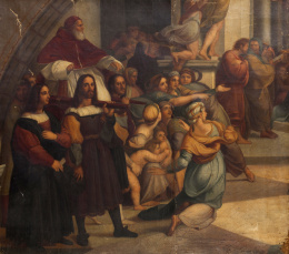 694.  COPIA DE RAFAEL (Escuela española, siglo XIX)La corte del Papa Julio II sentado en silla de manos
