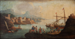 878.  ESCUELA ITALIANA, SIGLO XVIIIDescanso y conserción de marineros en una ciudad porturaria