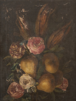 727.  ESCUELA ESPAÑOLA, SIGLO XIXBodegón de peras, flores y maíz