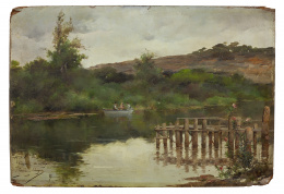 927.  MANUEL GARCÍA Y RODRÍGUEZ (Sevilla, 1863-1925)Paseo en barca a orillas del río, Sevilla