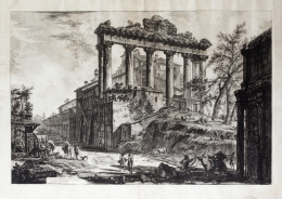666.  GIOVANNI BATTISTA PIRANESI (Mozano di Mestre, 1720 - Roma, 1778)El templo de Saturno, con una esquina del arco de Séptimo Severo