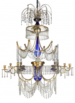 1323.  Lámpara de seis brazos y catorce luces de estilo neoclásico en bronce y cristal traslúcido y azul.Trabajo báltico, S. XIX.
