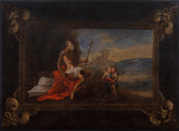 682.  ESCUELA MADRILEÑA, SIGLO XVIISan Jerónimo y dos ángeles  en un paisaje inserto en un marco fingido