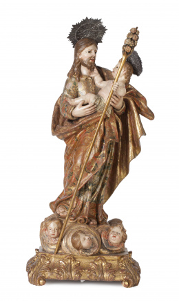 846.  San José con el niño en madera tallada, dorada y policromada.Escuela española, pp. del S. XVIII.