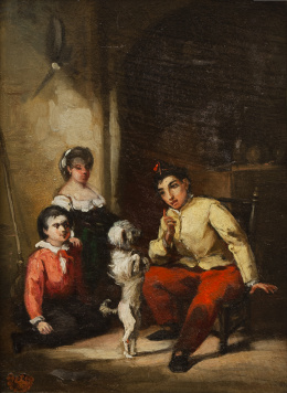 760.  EUGENIO LUCAS VELÁZQUEZ ( 1817- 1870)Escena de interior con niños y perro