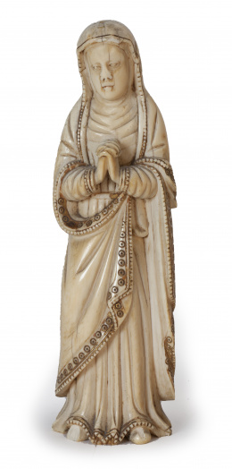 626.  Virgen orante.Marfil tallado y dorado.Escuela indo-portuguesa, S. XVII.