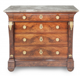 660.  Wallaert Agand.Cómoda en madera de palma de caoba, caoba y bronces dorados. Estampillada.Bélgica, primer cuarto del S. XIX.