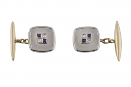 102.  Gemelos cuadrados Art-Decó con centro de diamantes y zafiros en damero