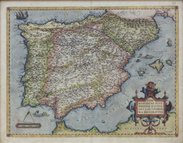 710.  ABRAHAM ORTELIUS (1527- 1598)Mapa de la Península Ibérica, las islas Baleares y las costas del norte de África