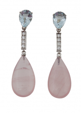 226.  Pendientes largos con gotas de cuarzo rosa colgantes de perilla de aguamarina y barra de brillantes