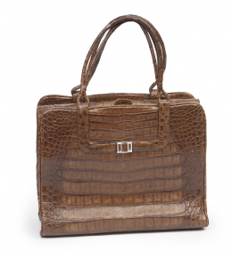 290.  Gran bolso de piel de cocodrilo salvaje color tabaco con dobles asas cortas