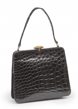 292.  Bolso de piel de cocodrilo salvaje color negro con asa corta