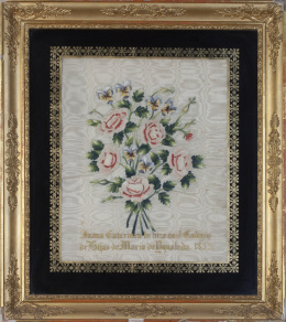 888.  "Bouquet de flores".Bordado en hilos de color.Trabajo español, firmado y fechado 1853.