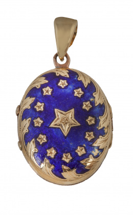 23.   Prog. 64871. Colgante guardapelo S.XIX oval, con esmalte azul y decoración de estrellas de oro en anverso