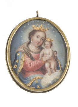 1301.  Medalla devocional, pintada sobre cobre, representa a San Miguel y a la Virgen con el Niño.Trabajo mejicano, S. XVIII.