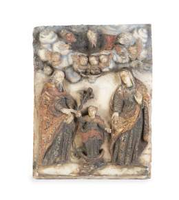 1111.  La Sagrada familia, Dios Padre y la Santisima Trinidad.Placa de alabastro en relieve policromadoTrabajo colonial, S. XVIII