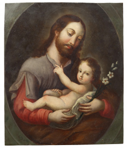 1007.  ESCUELA MEXICANA, SIGLO XVIIISan José con el Niño en un óvalo fingido