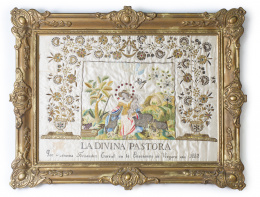 1071.  La Divina Pastora.Seda bordada con hilos de oro, hilos de color, aplicaciones y papel.Firmado por Ramona Fernández Garral en la enseñanza de Vergara 1842.