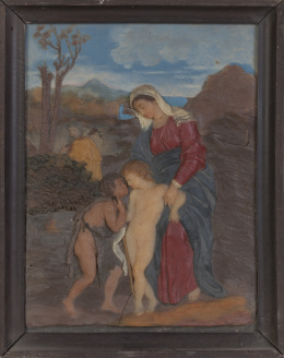 674.  Francesco Pieri (1699-1773)."La Sagrada Familia".Relieve en cera policromada sobre fondo de pizarra.Trabajo napolitano, segundo tercio del S. XVIII.