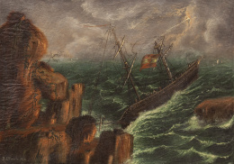 844.  B. S. VARANDA (Escuela española, 1842)Vista costera con navío en una tormenta
