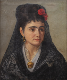 860.  JOAQUINA SERRANO Y BARTOLOMÉ (Fermoselle, Zamora, documentada entre 1876 y 1893)Retrato de dama con mantilla