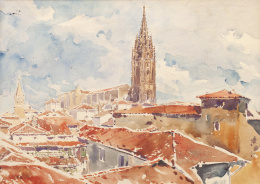 881.  DANIEL VIERGE  (Madrid, 1851​-Boulogne-sur-Seine, 1904)Vista de pueblo