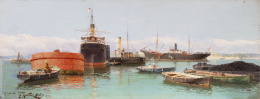 888.  JUAN MARTÍNEZ ABADES  (Gijón, 1862-Madrid, 1920)Vista de puerto