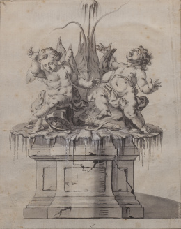 816.  ESCUELA FRANCESA, H. 1800Diseño de una fuente con Cupido, el Amor lento y un crustáceo y su grabado
