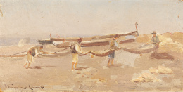 913.  RICARDO VERDUGO LANDI (Málaga, 1871 - Madrid, 1930)Pescadores en la playa