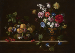 846.  ESCUELA ROMANA, SIGLO XVIIBodegón con jarrón de flores y cesta de frutas sobre un pedestal de piedra