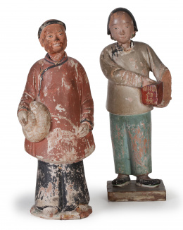 990.  "Vendedores"Dos figuras "nodders" en barro policromado.China, Cantón, S. XIX.