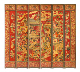 691.  Biombo de seis hojas en madera y laca "Coromandel" con decoración en relieve.China, S. XIX.