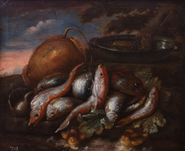 844.  ELENA RECCO (activa en Nápoles, h. 1700)Naturalezas muertas con peces, crustáceos, patos y utensilios metálicos.