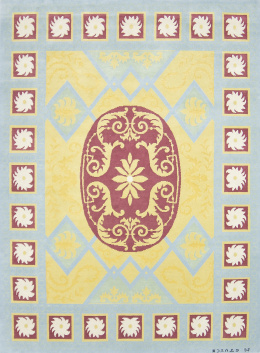 599.  Alfombra en lana con diseño Carlos IV firmada Miguel Stuyck.