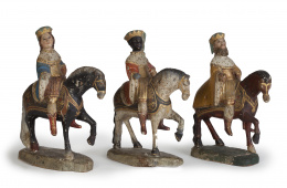1035.  Reyes Magos.Esculturas en madera tallada y policromada.Escuela quiteña, S. XVIII.